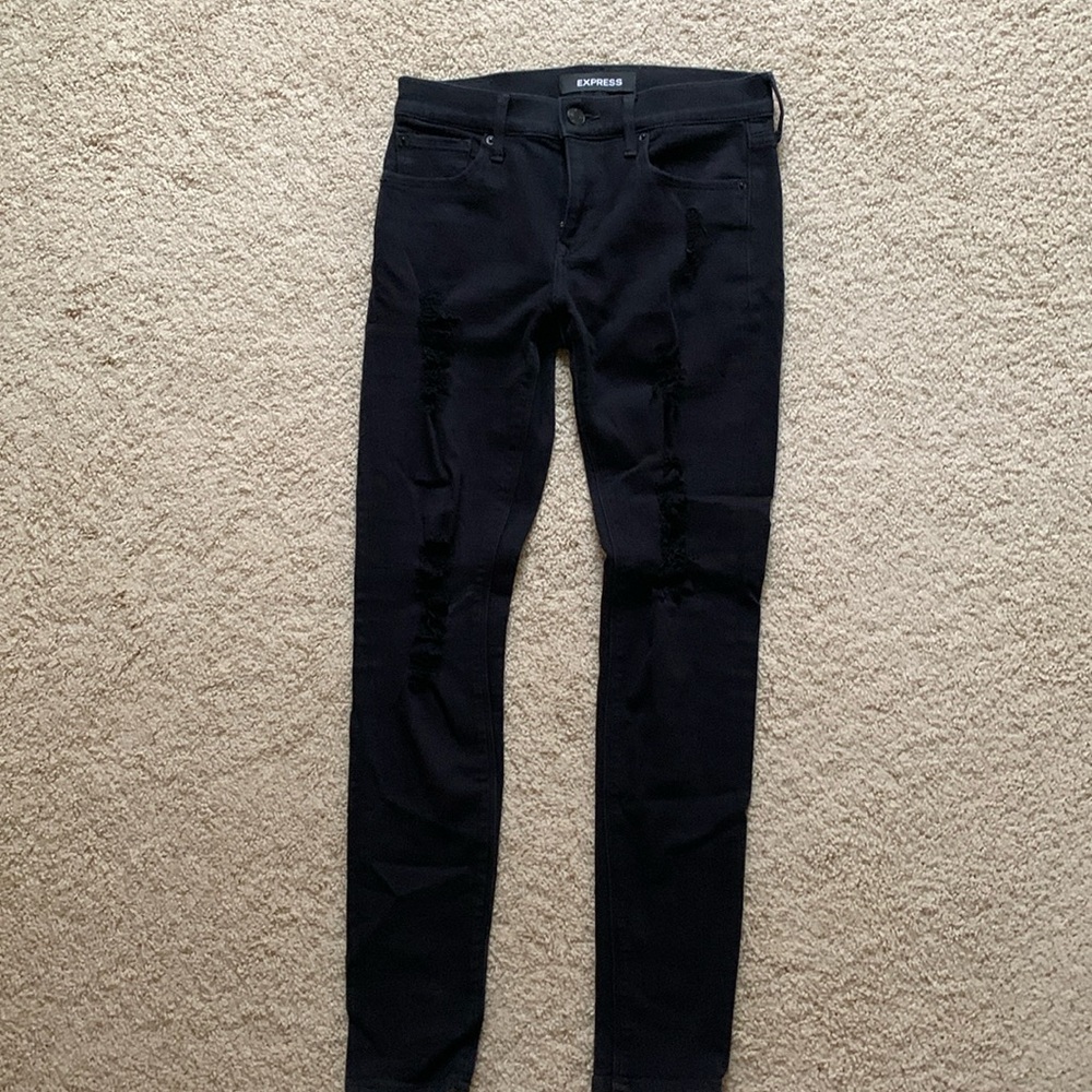Black Express ripped ankle jeans.  Size 2R, in black.